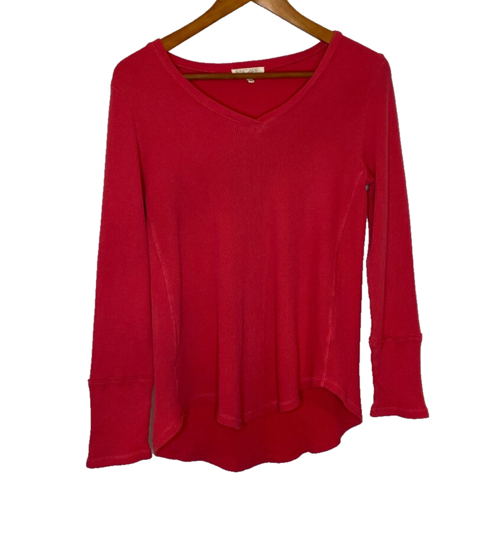 Women's Small Escape Habitat Red V-Neck Cotton Waffle Thermal Long Sleeve Shirt
